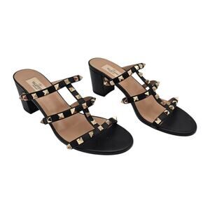 Valentino Garavani Rockstud Cage Block Heel Sandal Black Leather Size 39 US 9